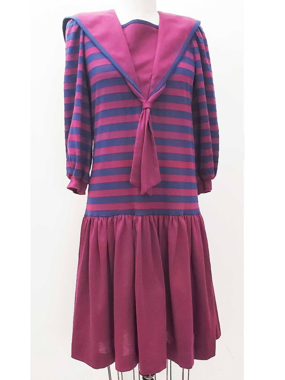 Vintage 80s Kristine's Kreatiion Women's Drop Waist Sailor Collar Dress Striped